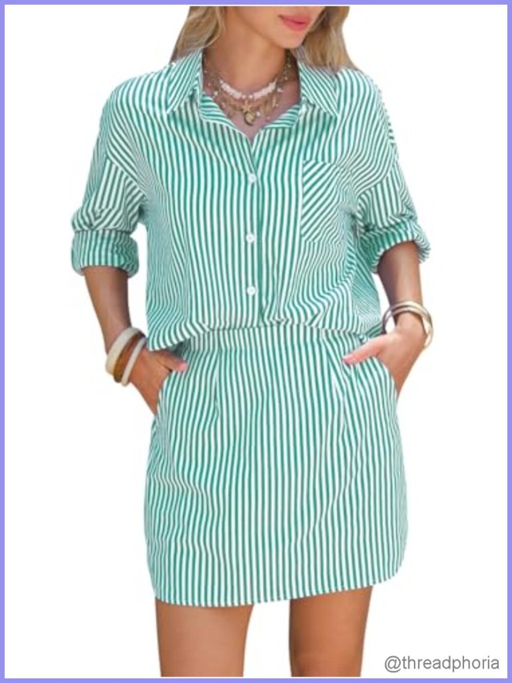 Women's 100% Cotton 2 Piece Skirt Set Long Sleeve Button Down Shirt and Mini